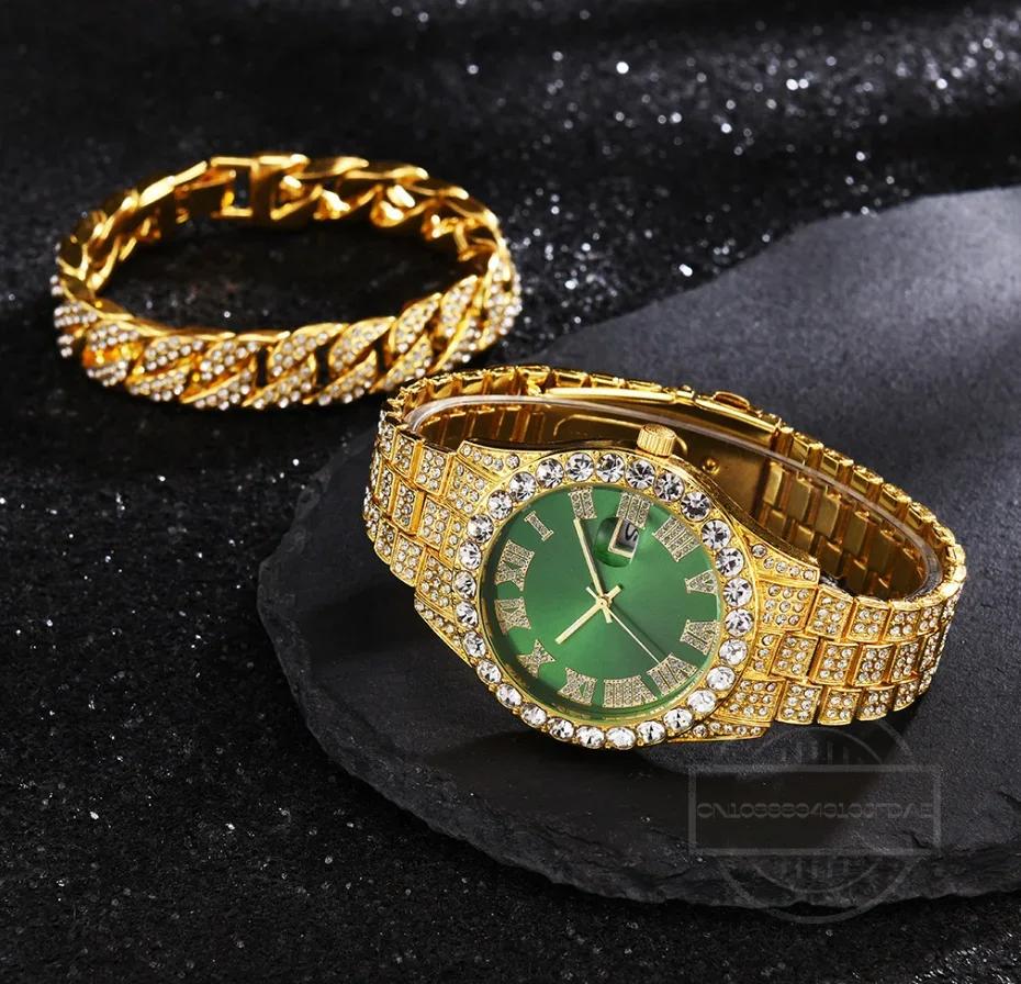1/2pc Watch Bracelet Hip Hop Stainless Steel Gold Color Calendar Watch for Men Iced Out Paved Rhinestones Men Watch Reloj Hombre