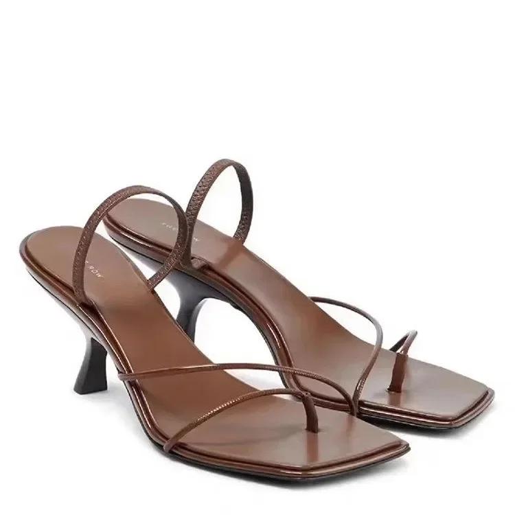 2025 Neue Echtleder Retro Eckige Zehen Pantoletten Mode Hoher Absatz Hausschuhe Damen Damen Sandalen