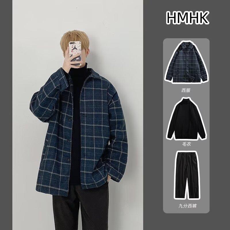 

Мужская клетчатая модная рубашка, высококачественная шерстяная куртка осень-зима 2025, японская парная хулиганская красивая повседневная куртка-топ 3XL синий