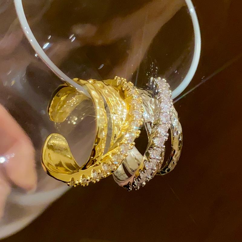 Korean Zircon Multilayer Crossover Open Ring: High-End Light Luxury Index Finger Jewelry