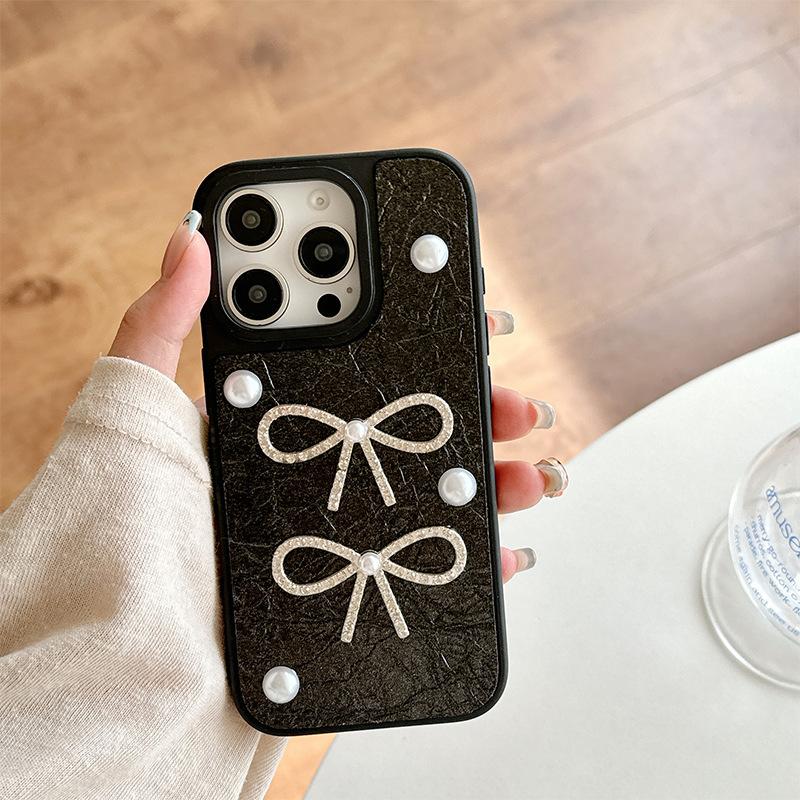 Pearl Bow Phone Case for Apple 17promax Leather Texture High Quality for IPhone16pro Protective Case