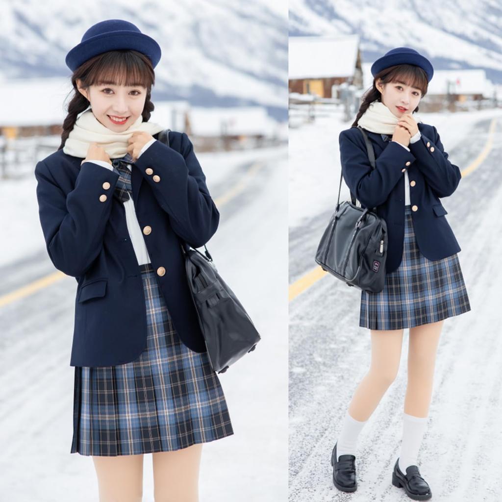 AOTYP High School Girl Uniform JK Cosplay Costume Ribbon Pleated Check Perfect for Mori School Size M Blazer, Uniform, 5-Piece Set, Shirt, Skirt,