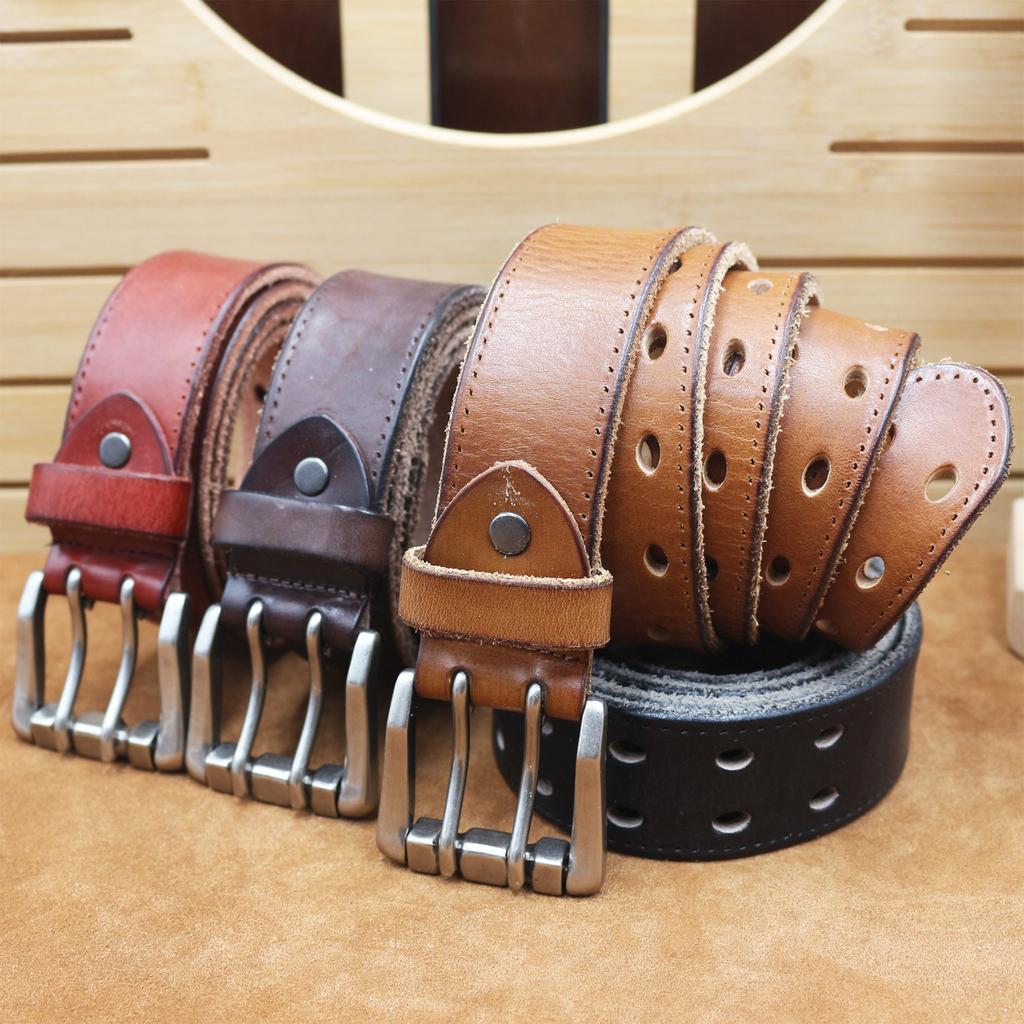 Thickened Head Layer Cowhide Belt for Men European and American Fashion Double-pin Buckle Italian Motorcycle Style Tough Guy Belt