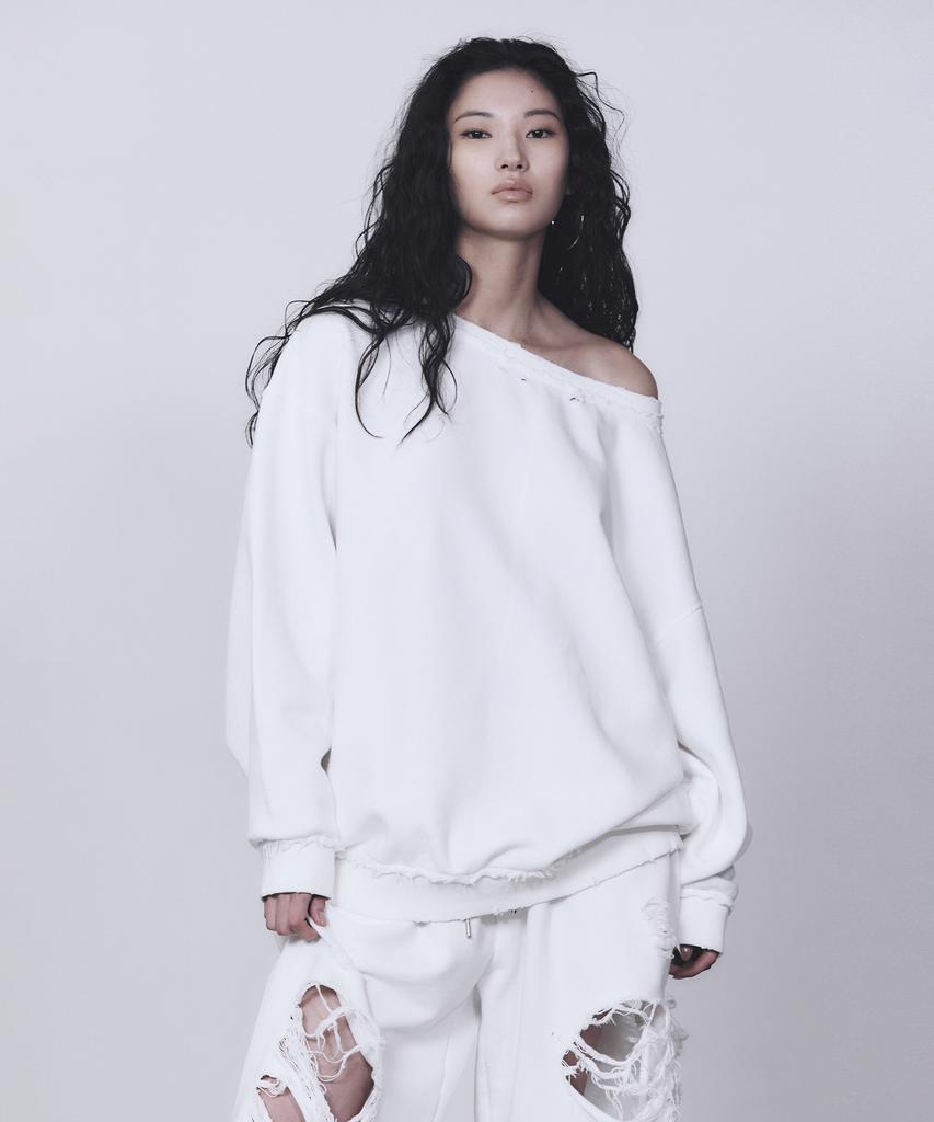 Teulimingbeodeu Scratch Damage Boat Neck Sweat Shirt [ White ]