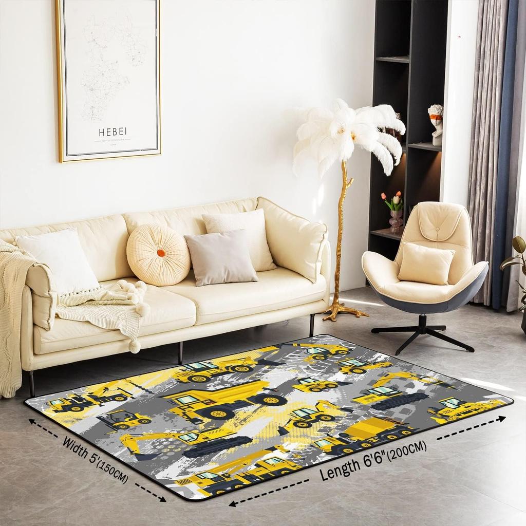 Cartoon Car Rug - Construction Truck Fleece Floor Mat, Excavator Themed Kids Bedroom Decor, Soft Non-Slip Indoor Playroom Carpet