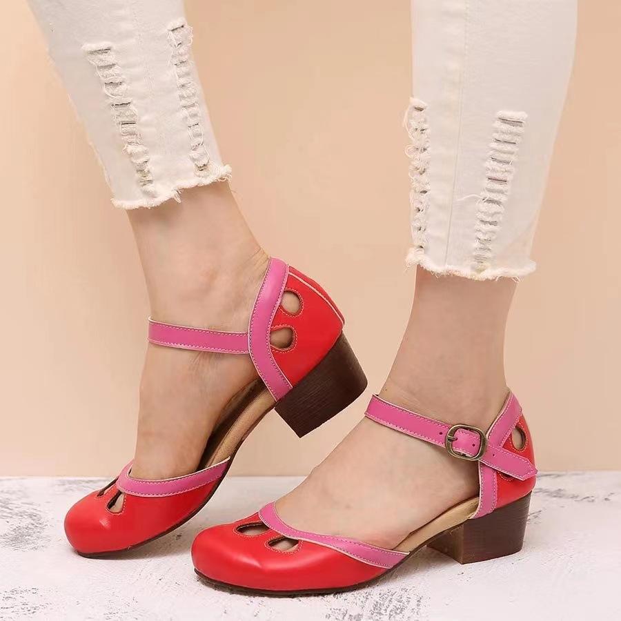 New European and American One-word Belt Imitation Leather Green Round Head Thick Heel Buckle Fashion Sandals