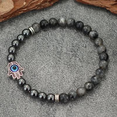 Bracelet Tendance pour Homme Fait Main Perles Pierre Hématite Noire Onyx Pierre Oeil de Tigre Cordon Laiton Bracelet Paume Yeux Bleus Bijou de Poignet