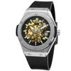 Mens Fashion Automatic Mechanical Watch With Skeleton Dial Stainless Steel Buckle Rubber Strap 43.8mm Barrel Case