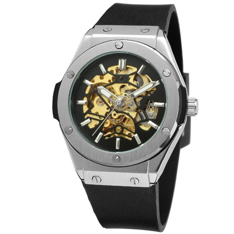 Mens Fashion Automatic Mechanical Watch With Skeleton Dial Stainless Steel Buckle Rubber Strap 43.8mm Barrel Case