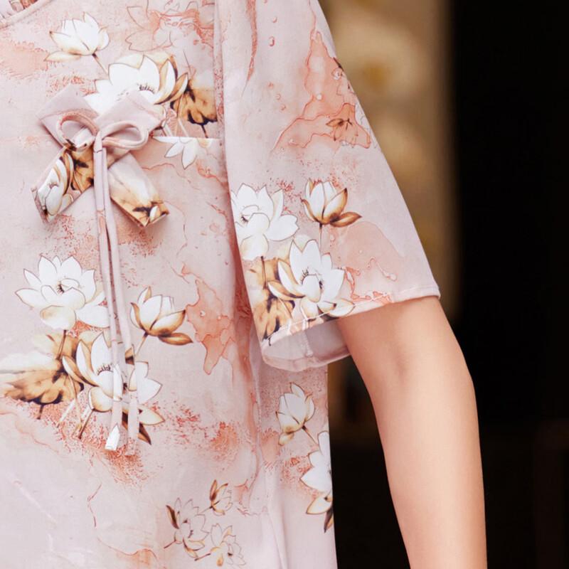 Pastel Mom's Summer Casual Chinese Style Chiffon Printed Top & Pants Set