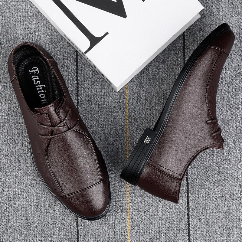 Spring & Autumn Men's Height Increasing Genuine Leather Lace-up Casual Shoes - Soft Sole, Large Size