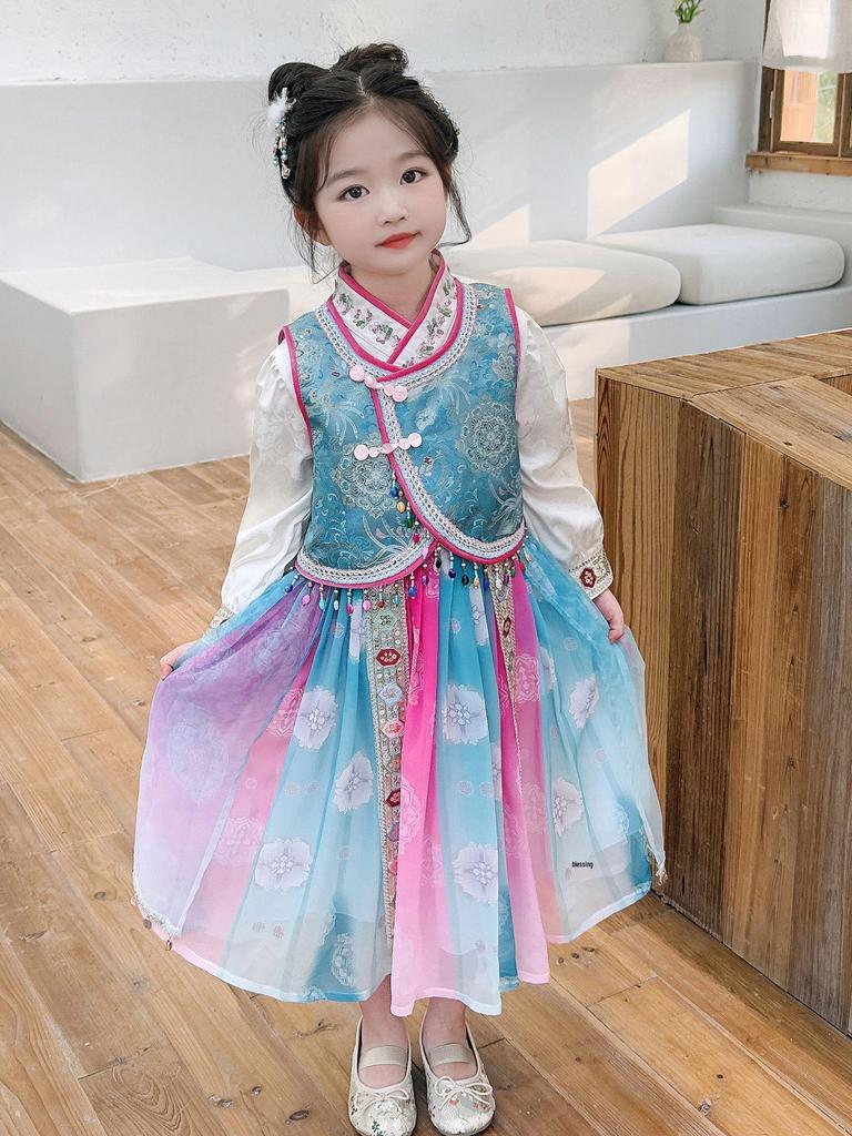 Girls' Spring & Autumn Hanfu Dress Set – Chinese Style Performance Costume for Children, Two-Piece Ethnic Outfit