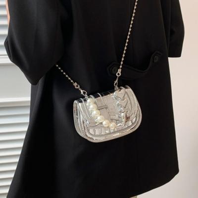 Fashion Female PU Leather Crossbody Bags Women Shoulder Bags Pearl Chain Handbags Trendy Mini Flap Square Bags