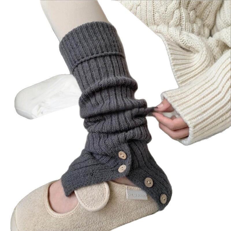 Autumn And Winter Solid Color Snow Boots Button Socks Retro American Stacking Leg Cover Knitted Opening Jk Splicing Medium Tube Socks