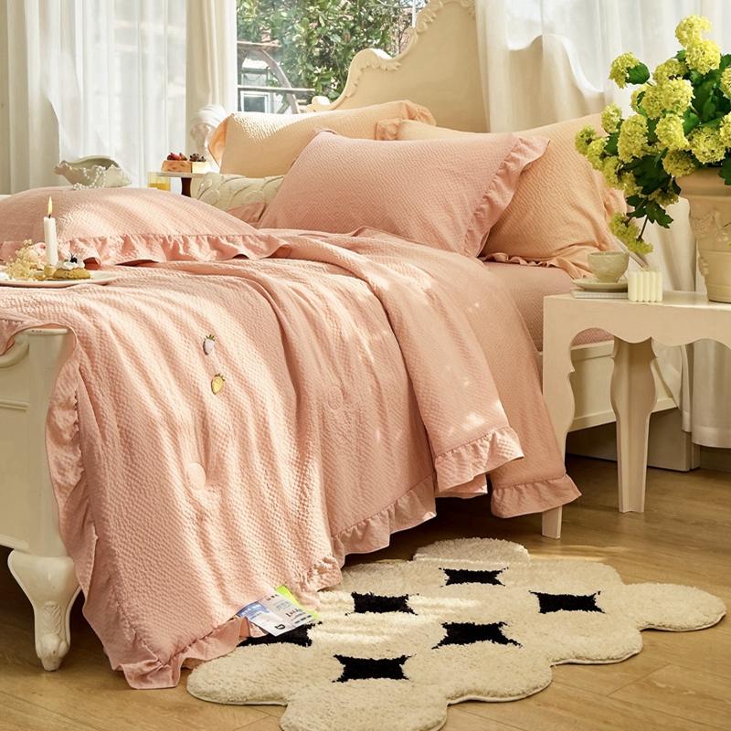 1Pc Solid Color Cool Feeling Summer Quilt Korean Style Ins Ruffle Edge Air Conditioning Thin Comforter Home Queen Size Bedding