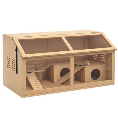 Hamster Cage, Wooden Small Animal Cage for Gerbils, Mice W/ Suspension Bridge, Openable Top, Hut, 85 X 45 X 44cm Nature