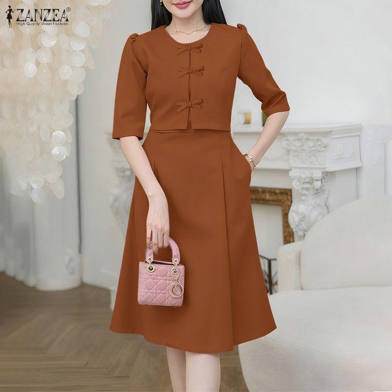 ZANZEA Women Casual Round Neck Summer Short Sleeve Dress