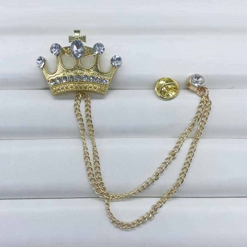Elegant Gold Crown Brooch with Rhinestones and Chain - Premium Suit Pins for Men's Weddings, Parties and Formal Settings