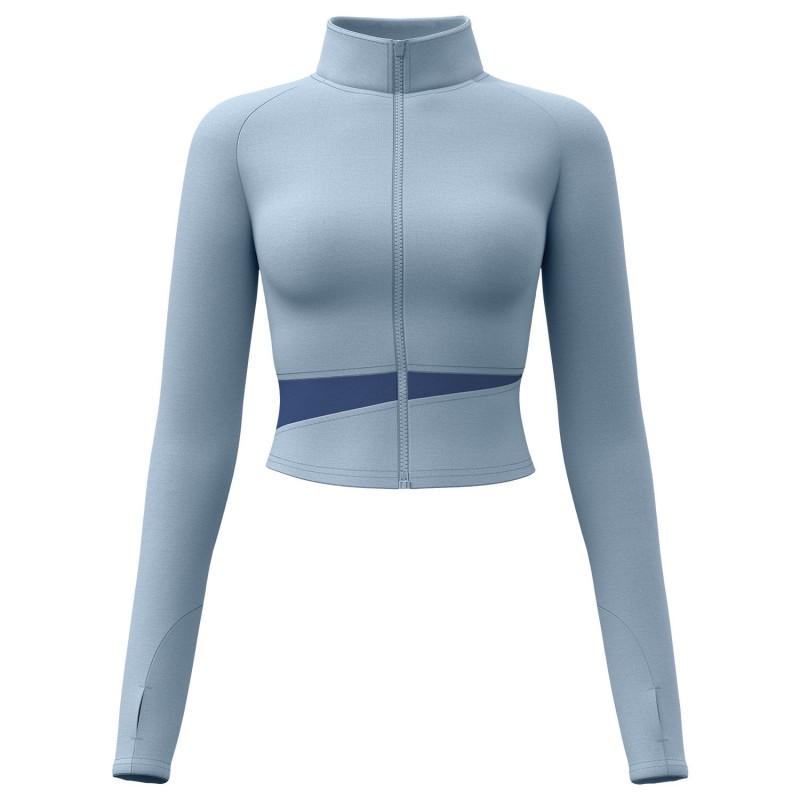 Womens High Neck Cropped Colorblock Yoga Jacket Slim Fit Quick Dry Workout Top Long Sleeve