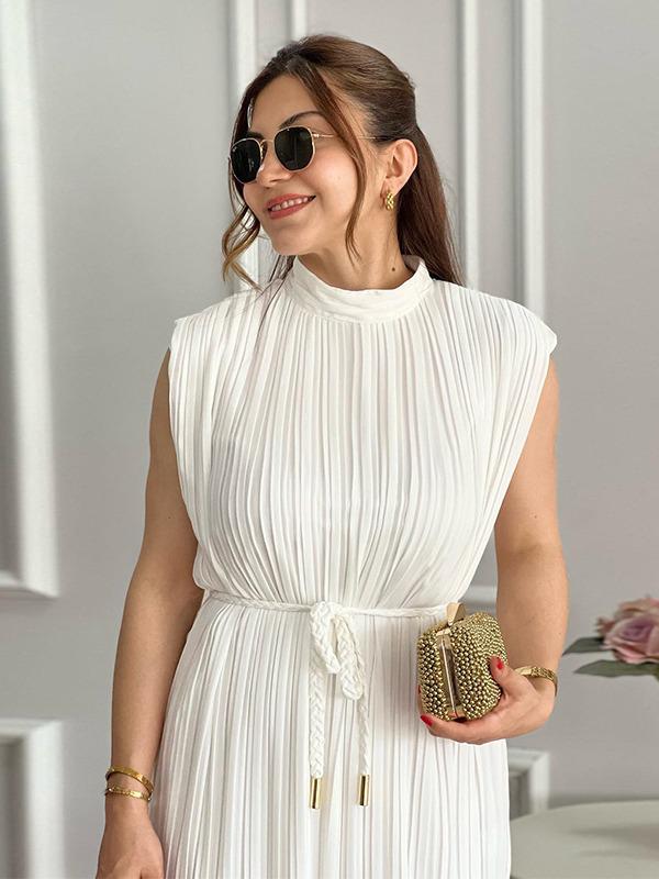 2024 Summer Women's Pleated Tie-Waist Mid-Length Dress