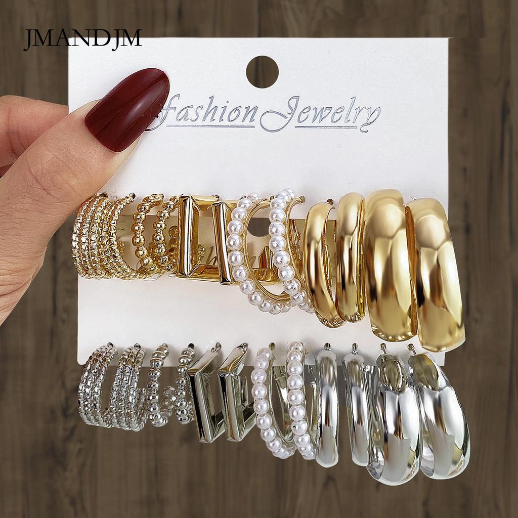 Геометрические многослойные серьги с жемчугом типа C, серьги-гвоздики, 6 пар, набор сережек-карт, комбинированные женские