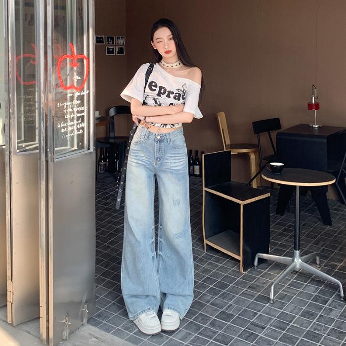 

Джинсы с высокой талией и рваными широкими штанинами для женщин на весну Прямые брюки для женщин на весну Брюки до пола Свободные и узкие XL