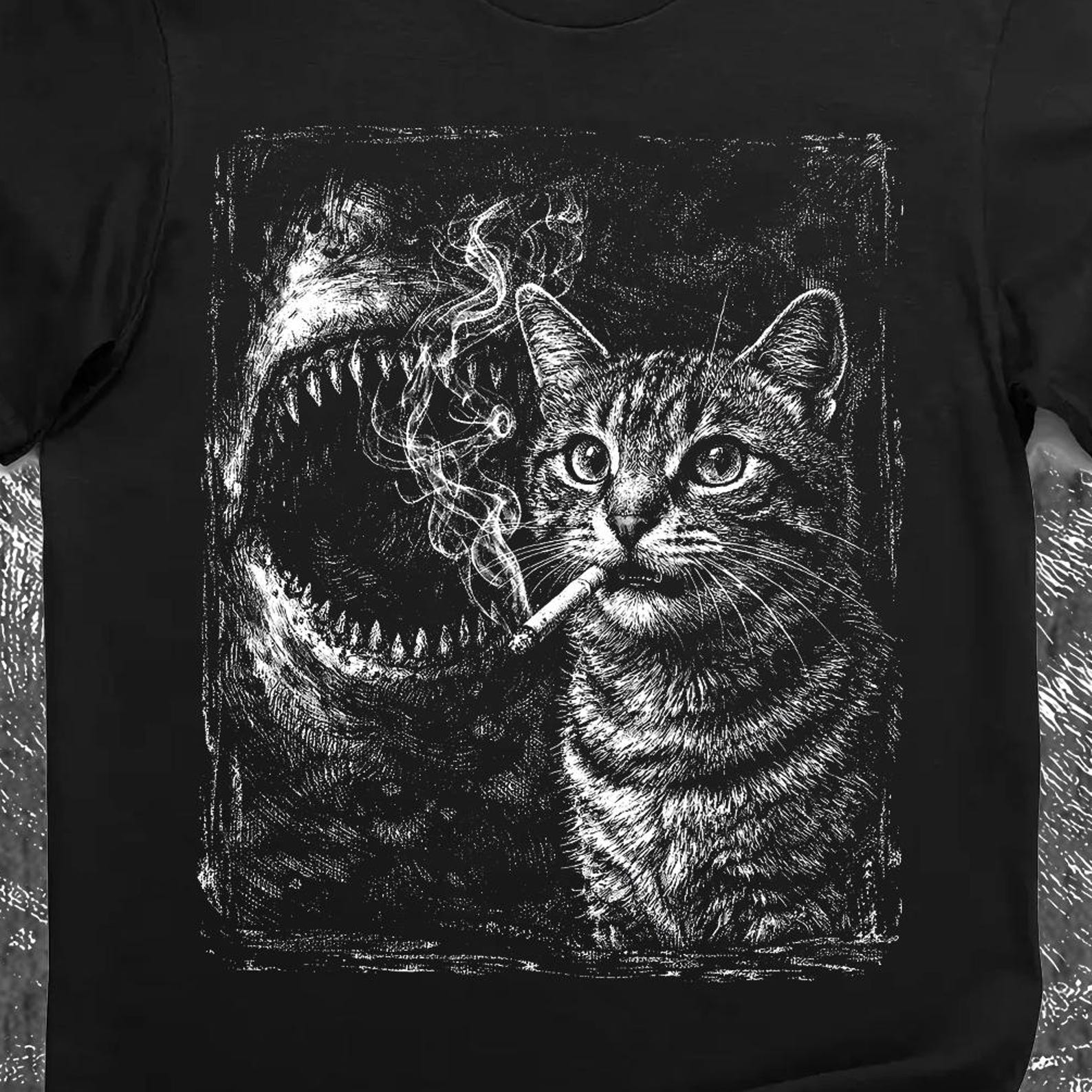 Smoking Cat Shirt, Funny Dark Humor Kitty Tee, Scary Monster Meme Graphic, Cat Lover Gift 2XL