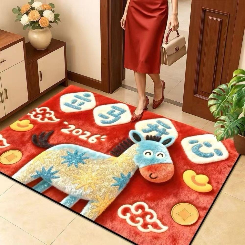 Cartoon Horse Floor Mat Blessing Words Quick Dry 2026 New Year Anti Slip Mat Lucky Convenient Pony Door Mat Lunar New Year