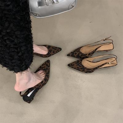 Coarse Heel Bag Head Sandals Women's Shoes Summer 2024 New Niche Skirt Leopard Print Pointed Empty High Heel Single Shoes