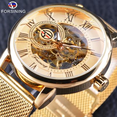 Vyriškas madingas laisvalaikio laikrodis su tinklelio dirželiu, tuščiaviduris, auksinis, rankinis mechaninis laikrodis GMT1040-8-A