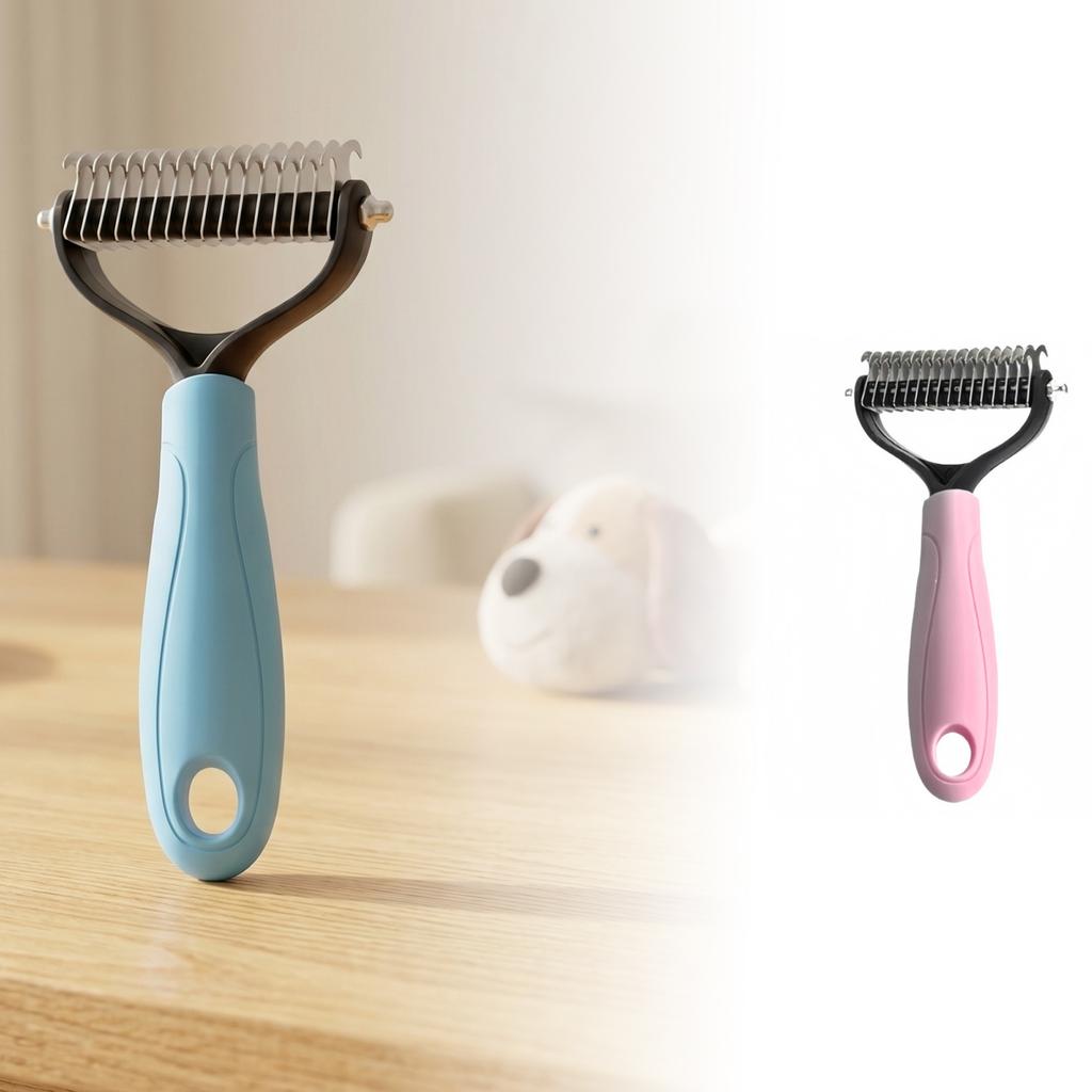 Pet Grooming Dematting Comb for Dogs and Cats Double Row Stainless Steel Blades Detangling Shedding Tool with Ergonomic Handle for Fur Maintenance