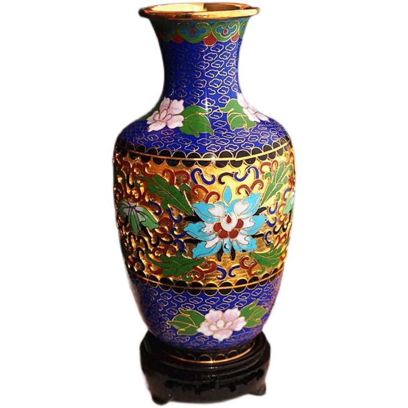 Vintage Cloisonne Vase Traditional Handmade Copper Wire Enamel Craft Golden Base Home Decor