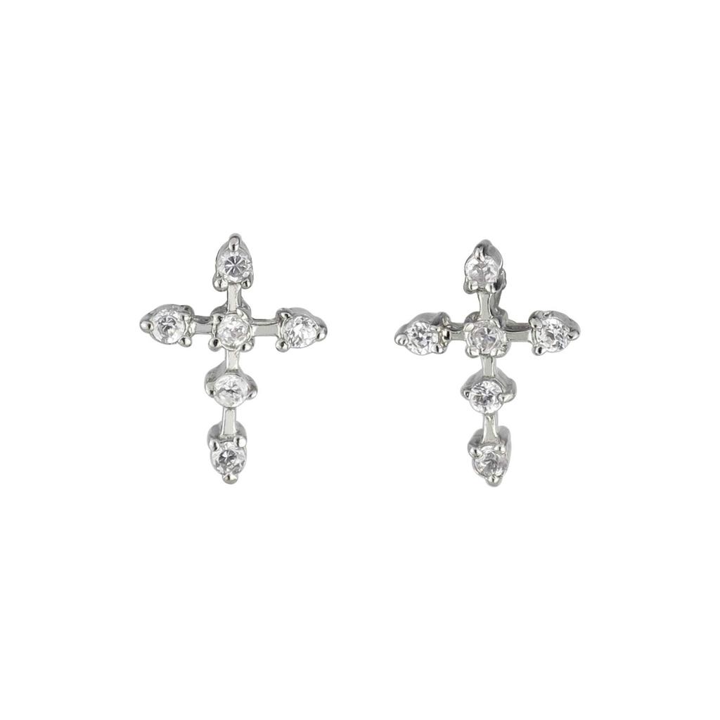 Shinjuku Gin No Kura Latin Cross Zirconia Stud Earrings, 2-Piece Set for Women, Sterling Silver 925 with Rhodium Plating, Simple and Basic Design