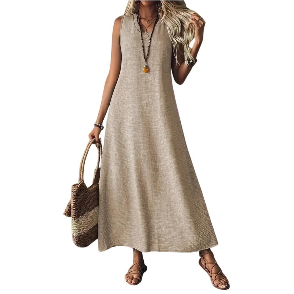 Summer Sleeveless Long V-Neck Elegant Dress Women's Fashion Ankle-Length Maxi Dress