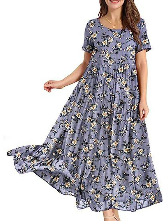 2023 Summer Pleated Floral Mid-Length Dress – Comfortable & Casual Loose Fit