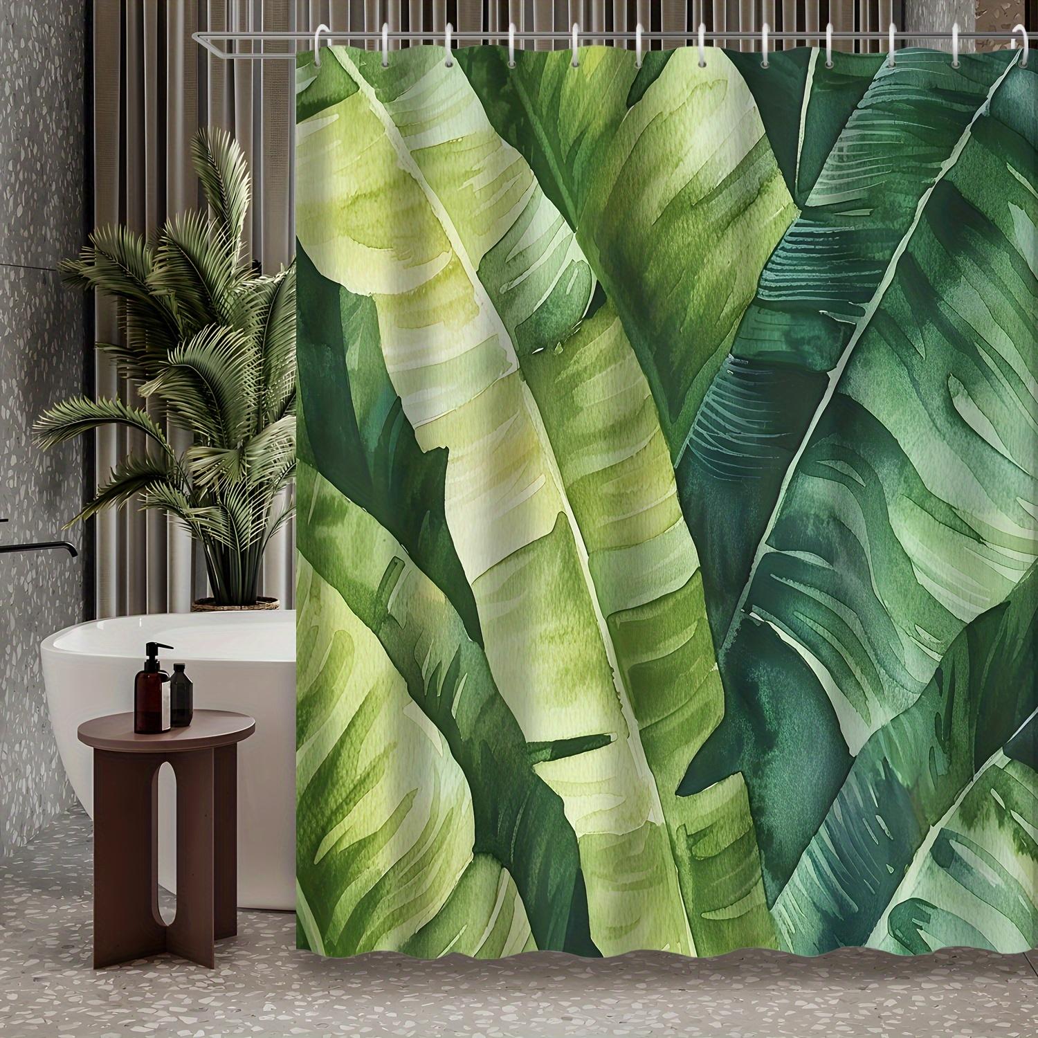 

1Pc Vintage Watercolor Tropical Plant Green Banana Leaf Shower Curtain, Decorative Printed Bath Accessory With 12 Hooks Included W60H190(CM)-1 Pcs