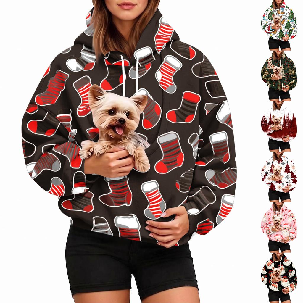 Damen Mode Weihnachtsdruck Hoodie mit Haustier-Tasche, Lässiger Pullover für Feiertagskleidung