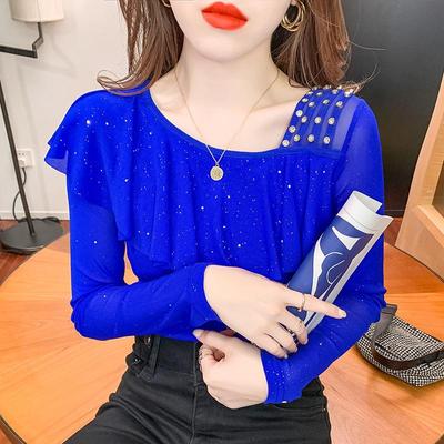 2025 Spring Mesh Long-Sleeve Top with Ruffled Stitching & Irregular Collar