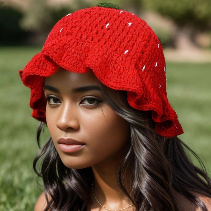 Handmade Strawberry Hat Handwoven Strawberry Openwork Crocheted Hat for Music Festival Stylish Strawberry Fisherman Hat