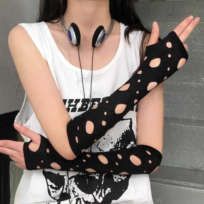 Unisex Gothic Black Gloves Sexy Fingerless Long Glove for Women Men Hollow Out Gloves Mittens Clubwear Dance Cosplay Accessories