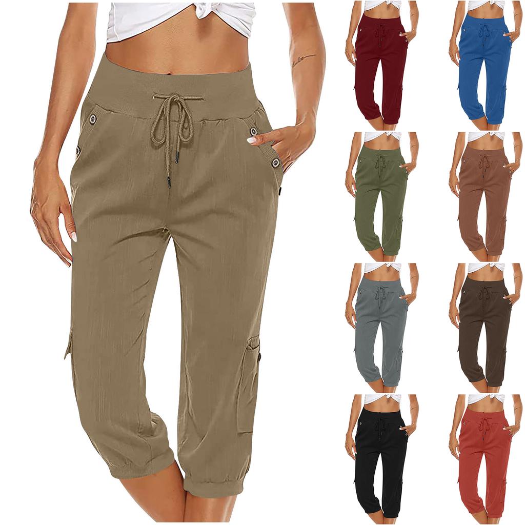 Women Drawstring Waist Loose Fit Cargo Capri Pants Wide Leg Straight Leg Casual Trousers with Pockets