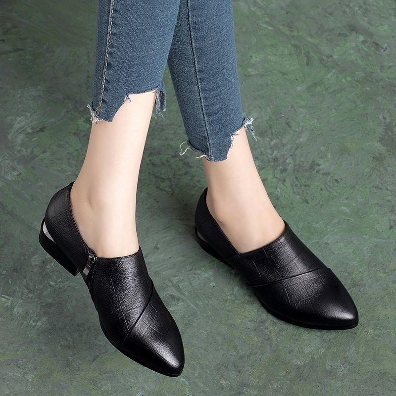 Zapatos De Mujer women black plaid pointed toe pu leather slip on square heel shoes lady classic sweet shoes a6956