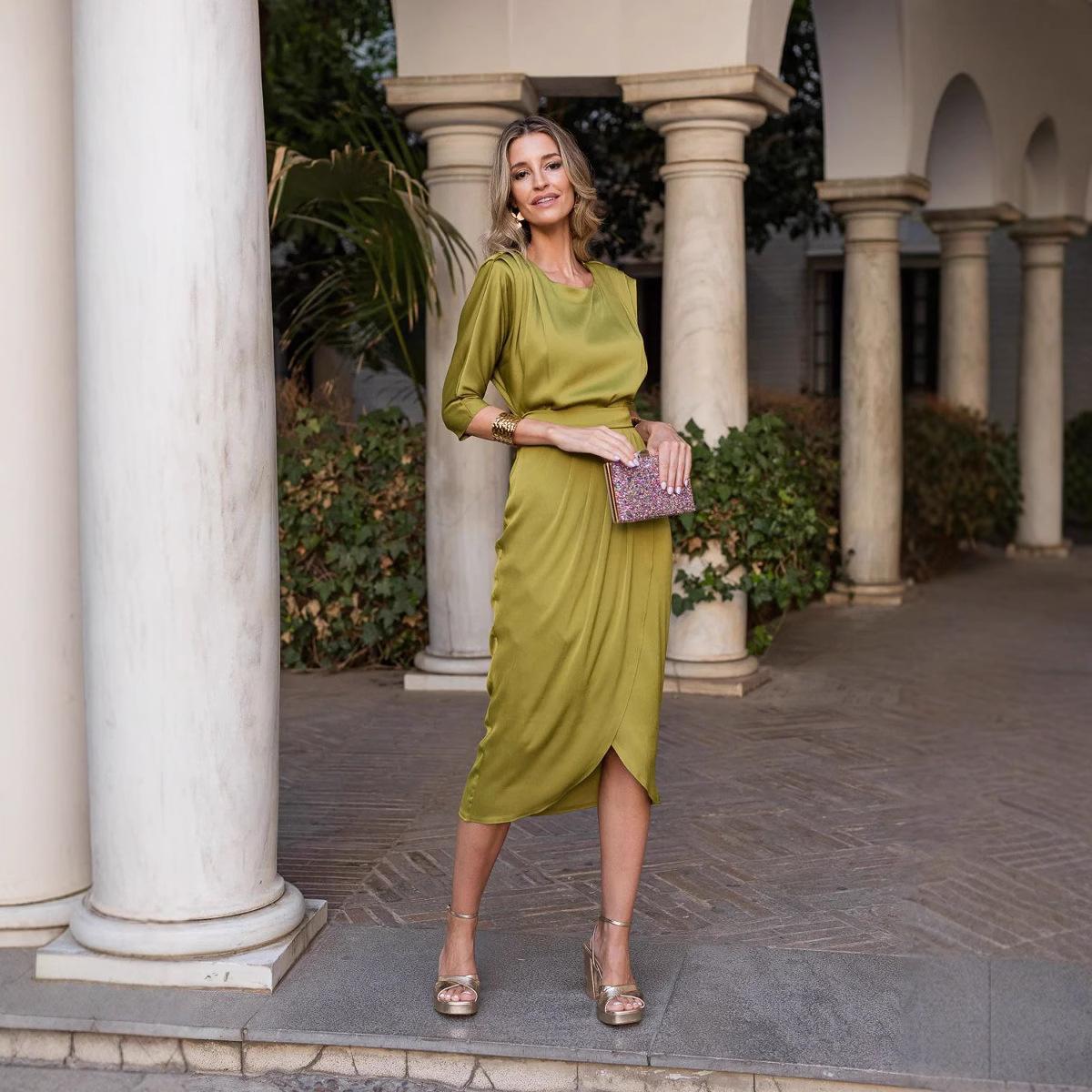 

Olive Green Asymmetrical Hem Midi Dress with Waist Tie, Elegant Women s Casual Dress S зелёный