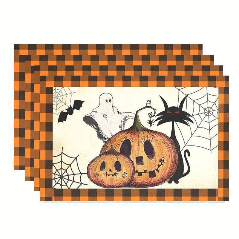 4PCS Halloween Table Placemats 30*45cm Linen Ghost Festival Atmosphere Table Mat Bat Pumpkin Spider Web Dining Table Decorations