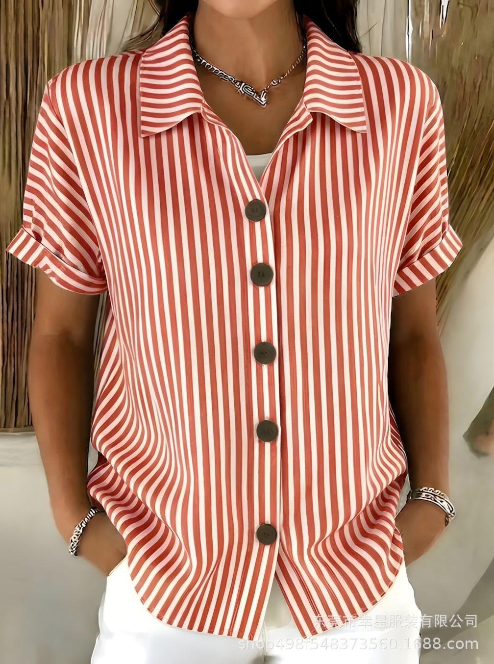 Summer European and American fashion casual women s button-down striped short-sleeved shirt women S красный