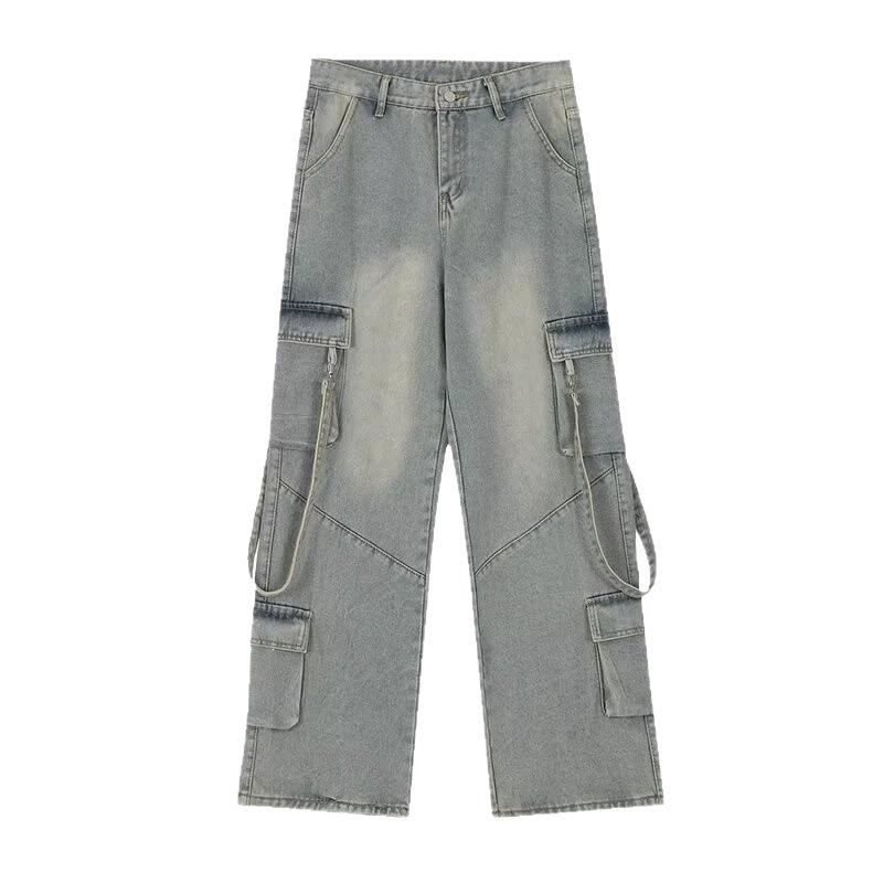 2024 American Style Women's Denim Overalls: High Street Multi-Pocket Wide Leg Retro Jeans for Autumn