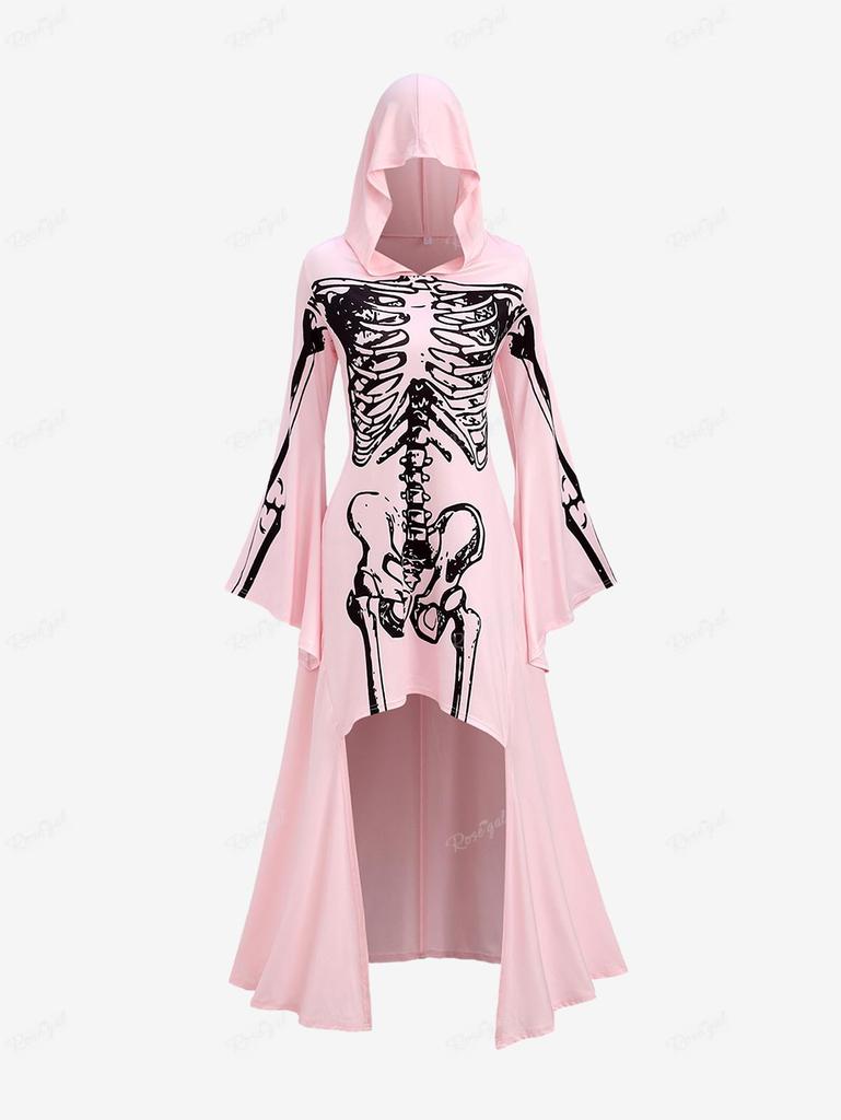 Rosegal Plus Size Halloween Skeleton Print Bell Sleeves Hooded High Low Dress