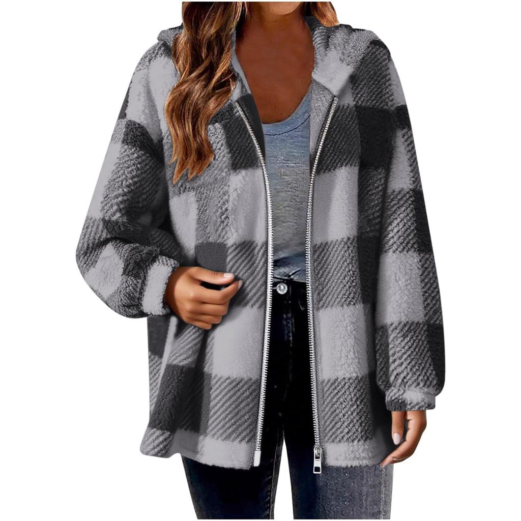 Women's Plaid Zipper Loose Plush Casual Jacket