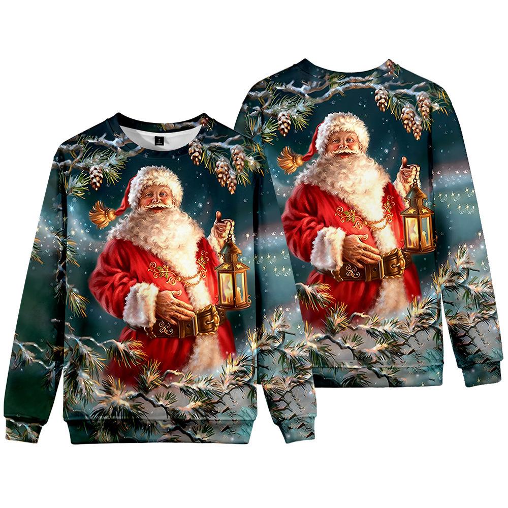 Europe, America, autumn and winter new Christmas versatile crew neck sweater 3D digital printing Santa loose long-sleeved jacket