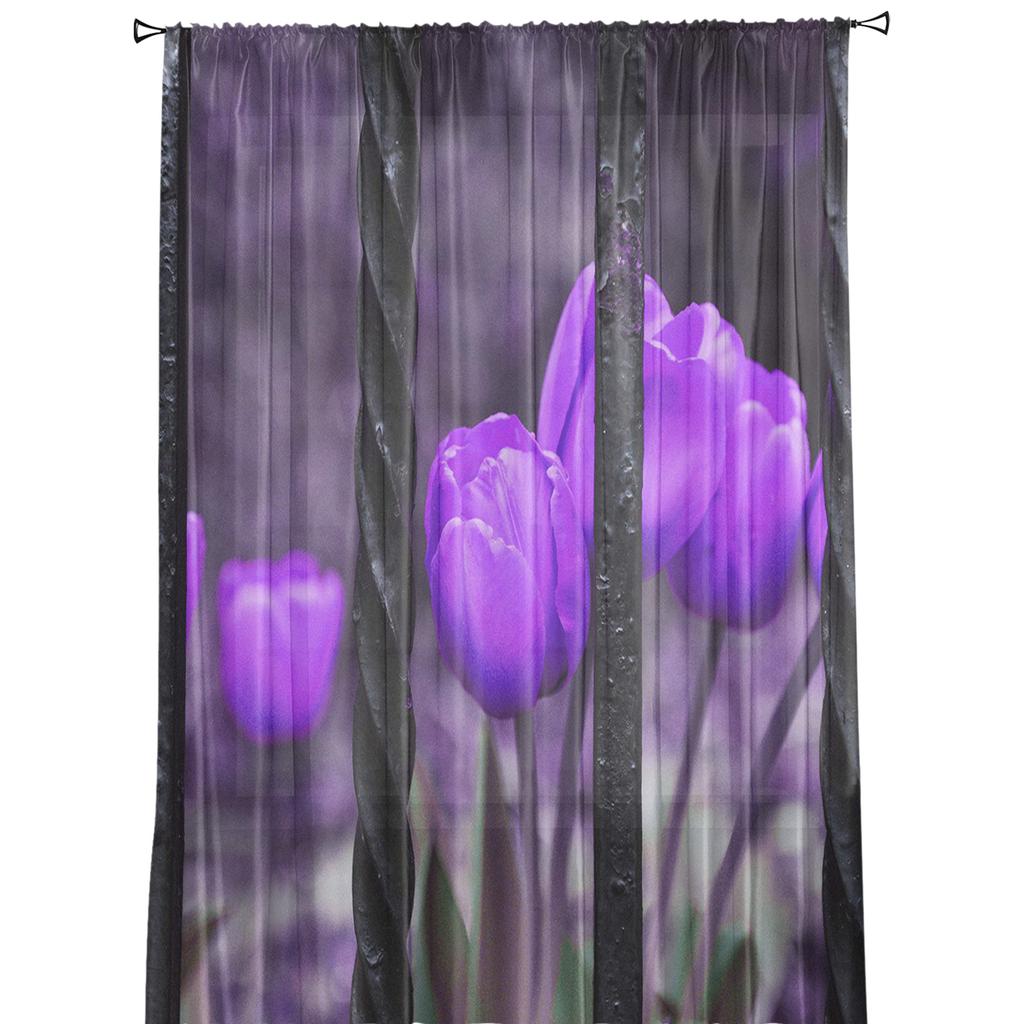 Lila Tulpenblumen in Eisengeländer Tüll Transparente Fenstervorhänge für Wohnzimmer Küche Kinderzimmer Voile Hängevorhang